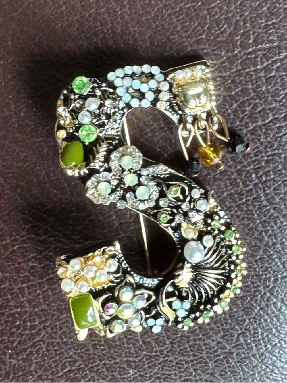 Rhinestone Embellished Brooch S Green and Gold Shaped Brooch Beaded Jewelry - Picture 2 of 3